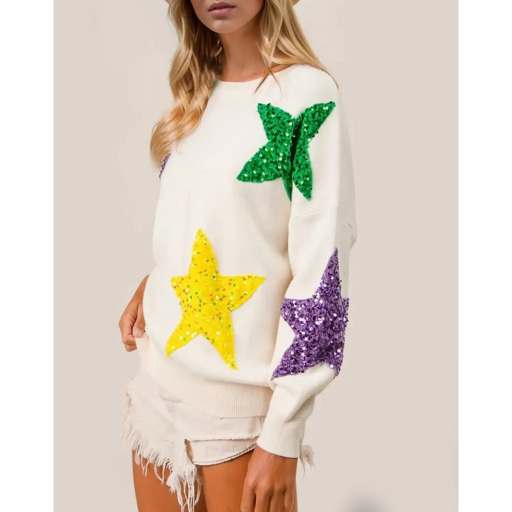 Mardi Gras Purple Green and Gold Sequin Star White Sweater - Picture 2 of 4